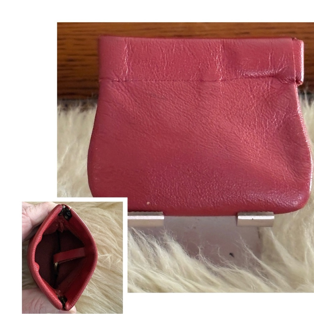 Soft Red Leather Vintage Squeeze Open Coin Pouch/ Key Fob